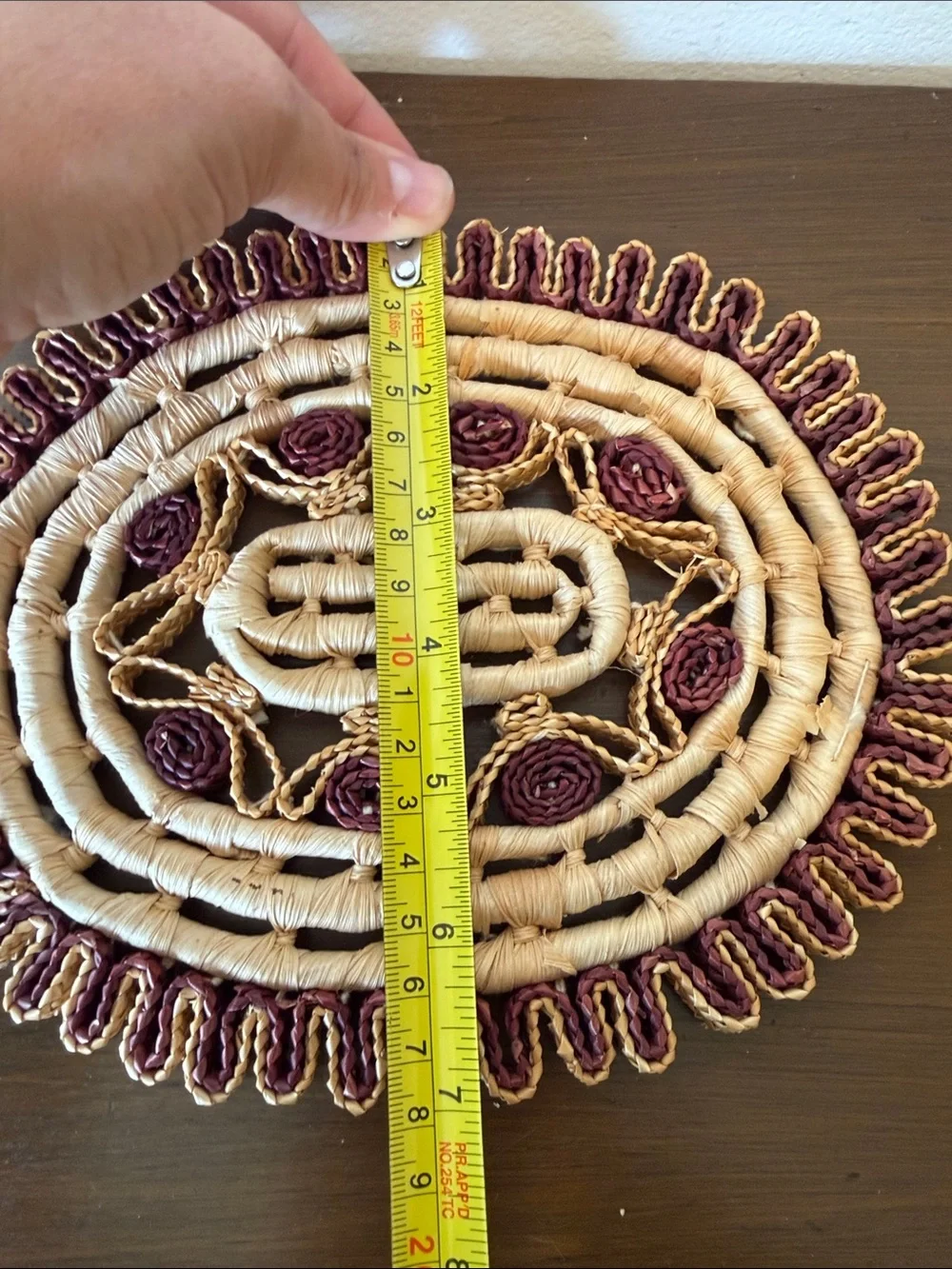Handwoven Straw Trivet with Maroon Accents